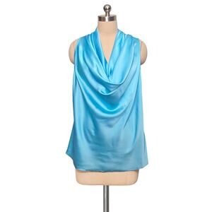 BOSTON PROPER Blue Satin Cowl Neck Blouse Tank Sleeveless Top M